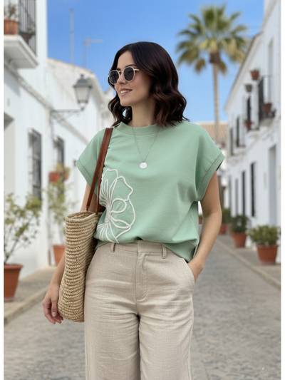 Green Embroidered Oversized Top
