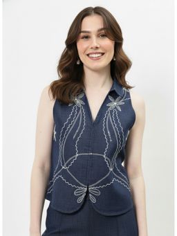 AAREIN - Blue Linen Embroidered Collar Neck Top