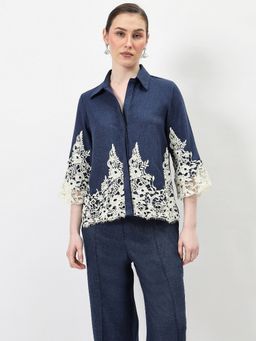 AAREIN - Blue Linen Lace Applique Top