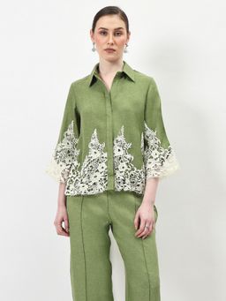 AAREIN - Green Linen Lace Applique Top