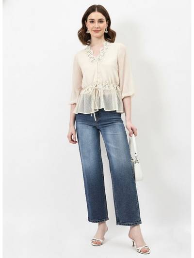 Off-White Dobby Chiffon Lace Top
