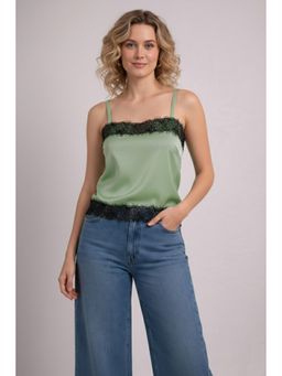 AAREIN - Green Satin Lace Strap Crop Top