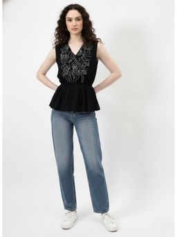 AAREIN - Black Embroidered V-Neck Peplum Top