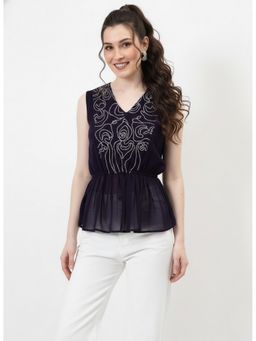AAREIN - Purple Embroidered V-Neck Peplum Top