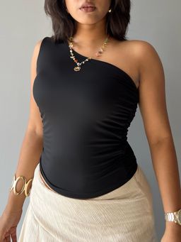 Off Duty India - Black Effortless Flow One Shoulder Ruched Top