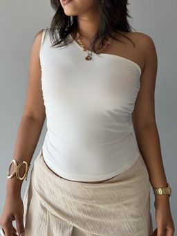 Off Duty India - White Effortless Flow One Shoulder Ruched Top