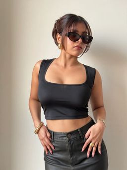 Off Duty India - Black Silky Soft Square Neck Top