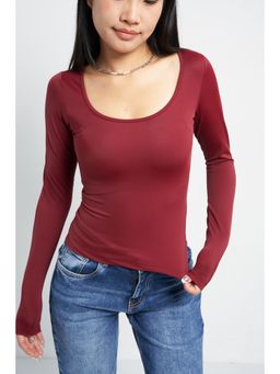 Off Duty India - Maroon Soft Curve Neck Long Sleeve Top