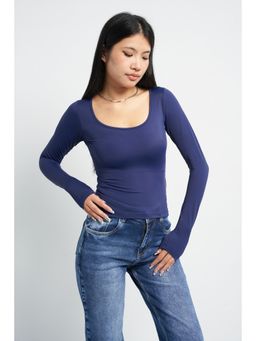Off Duty India - Navy Blue Soft Curve Neck Long Sleeve Top