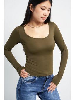 Off Duty India - Olive Soft Curve Neck Long Sleeve Top