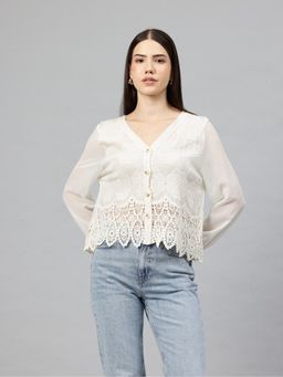 Pierre Carlo - Off White Floral Embroidered Crop Top