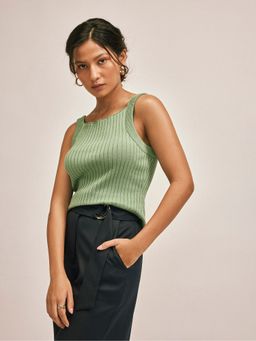 The Label Life - Women Sage Green Ribbed Knit Sleeveless Top