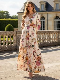 ZUMMER - Cream Floral Waist Cut Out Dress