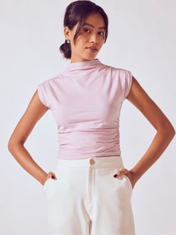 The Label Life - Women Lavender High Neck Ruched Knit Crop Top