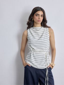 The Label Life - White Monochrome Textured Cowl Neck Top with Belt