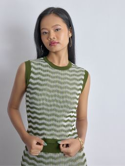 The Label Life - Women Olive Wave Jacquard Knit Crop Top