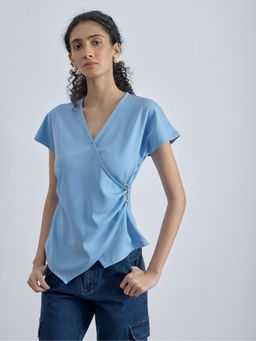 The Label Life - Ice Blue Statement Buckle Wrap Top