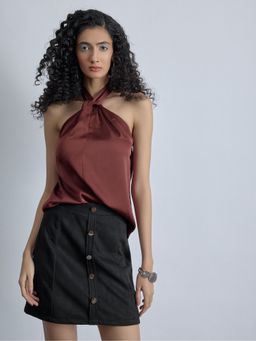 The Label Life - Brown Terracotta Satin Halter Neck Top