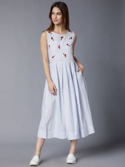TOKYO TALKIES - Cotton White Embellished Midi Flared Dress