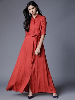 TOKYO TALKIES - Rayon Rust Maxi Flared Dress
