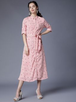 TOKYO TALKIES - Polyester Pink Printed Midi A-Line Dress