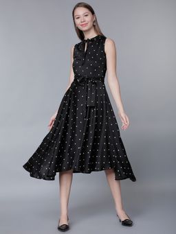 TOKYO TALKIES - Polyester Black Printed Midi A-Line Dress