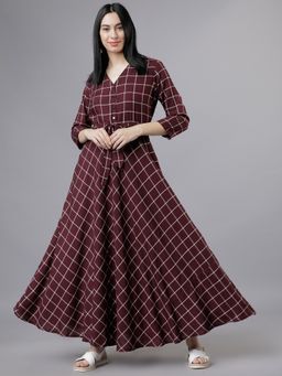 TOKYO TALKIES - Viscose Wine Checks Maxi A-Line Dress
