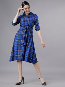 TOKYO TALKIES - Viscose Blue Checks Midi A-Line Dress