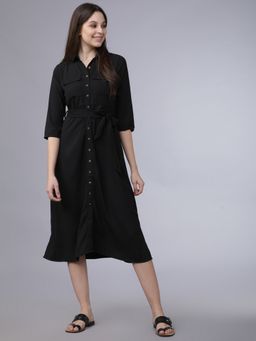 TOKYO TALKIES - Polyester Blend Black Midi A-Line Dress
