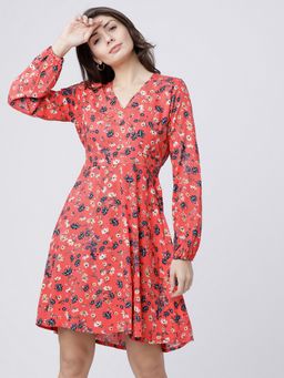TOKYO TALKIES - Blended Red Floral Knee Length A-Line Dress