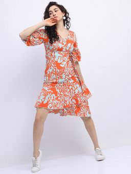 TOKYO TALKIES - Polyester Orange Printed Knee Length A-Line Dress