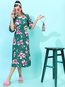 TOKYO TALKIES - Polyester Green Floral Midi A-Line Dress