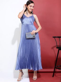 TOKYO TALKIES - Polyester Blue Pleated Midi A-Line Dress