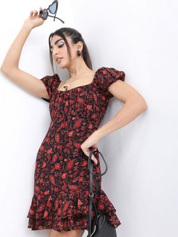 TOKYO TALKIES - Polyester Blend Black Floral Mini A-Line Dress