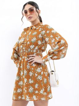 TOKYO TALKIES - Polyester Mustard Floral Mini A-Line Dress