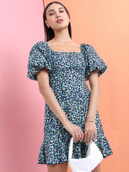 TOKYO TALKIES - Polyester Blue Floral Mini A-Line Dress