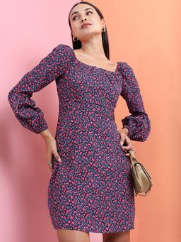 TOKYO TALKIES - Polyester Navy Blue Floral Mini Bodycon Dress