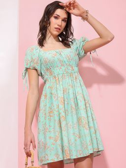 TOKYO TALKIES - Polyester Green Floral Mini A-Line Dress