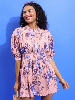 TOKYO TALKIES - Polyester Peach Floral Mini A-Line Dress