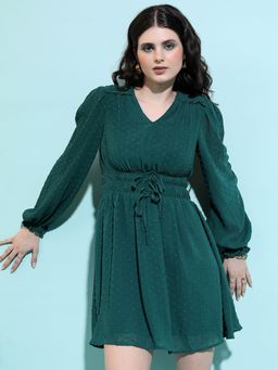 TOKYO TALKIES - Polyester Green Self Design Knee Length A-Line Dress