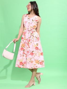 TOKYO TALKIES - Cotton Pink Floral Midi A-Line Dress