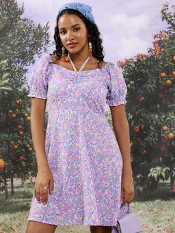 TOKYO TALKIES - Polyester Blue Printed Mini A-Line Dress