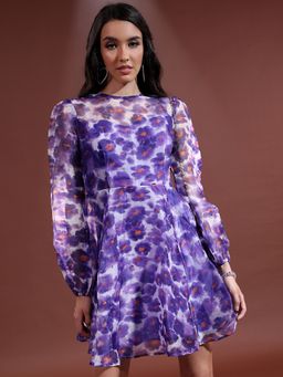TOKYO TALKIES - Polyester Blue Floral Mini A-Line Dress