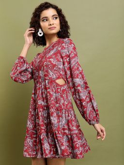 TOKYO TALKIES - Polyester Maroon Paisley Mini A-Line Dress
