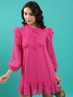 TOKYO TALKIES - Polyester Pink Self Design Mini A-Line Dress
