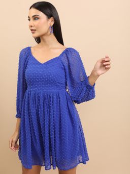 TOKYO TALKIES - Polyester Blue Self Design Mini A-Line Dress