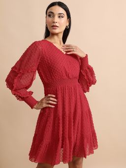 TOKYO TALKIES - Polyester Red Self Design Mini A-Line Dress