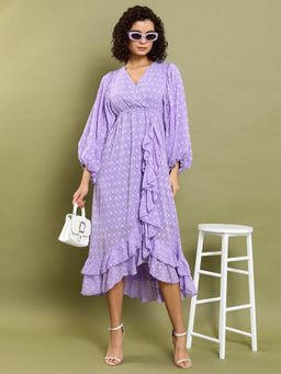 TOKYO TALKIES - Polyester Purple Self Design Midi Wrap Dress