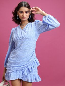 TOKYO TALKIES - Polyester Blue Self Design Mini Wrap Dress