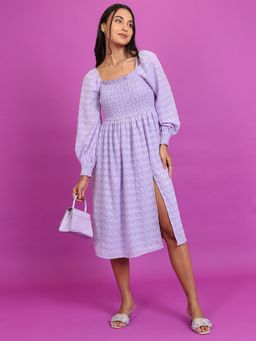 TOKYO TALKIES - Polyester Purple Self Design Midi A-Line Dress